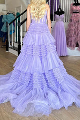 Gorgeous A Line Spaghetti Straps Lavender Long Prom Dress with Ruffles